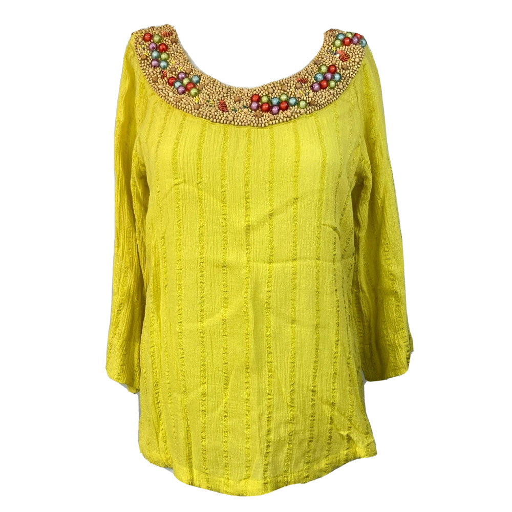 Soft Surroundings‎ Shirt Womens Sz S Yellow Pullover Top Beaded Neck Boho Tunic